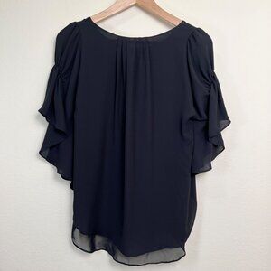 TIARA Black Ruffle Sleeve Blouse Flowy Chiffon Blouse Top Size Medium/Large
